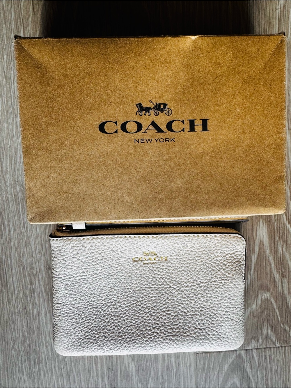 Coach Pebbled Leather Wristlet in Cream with Gold Logo
